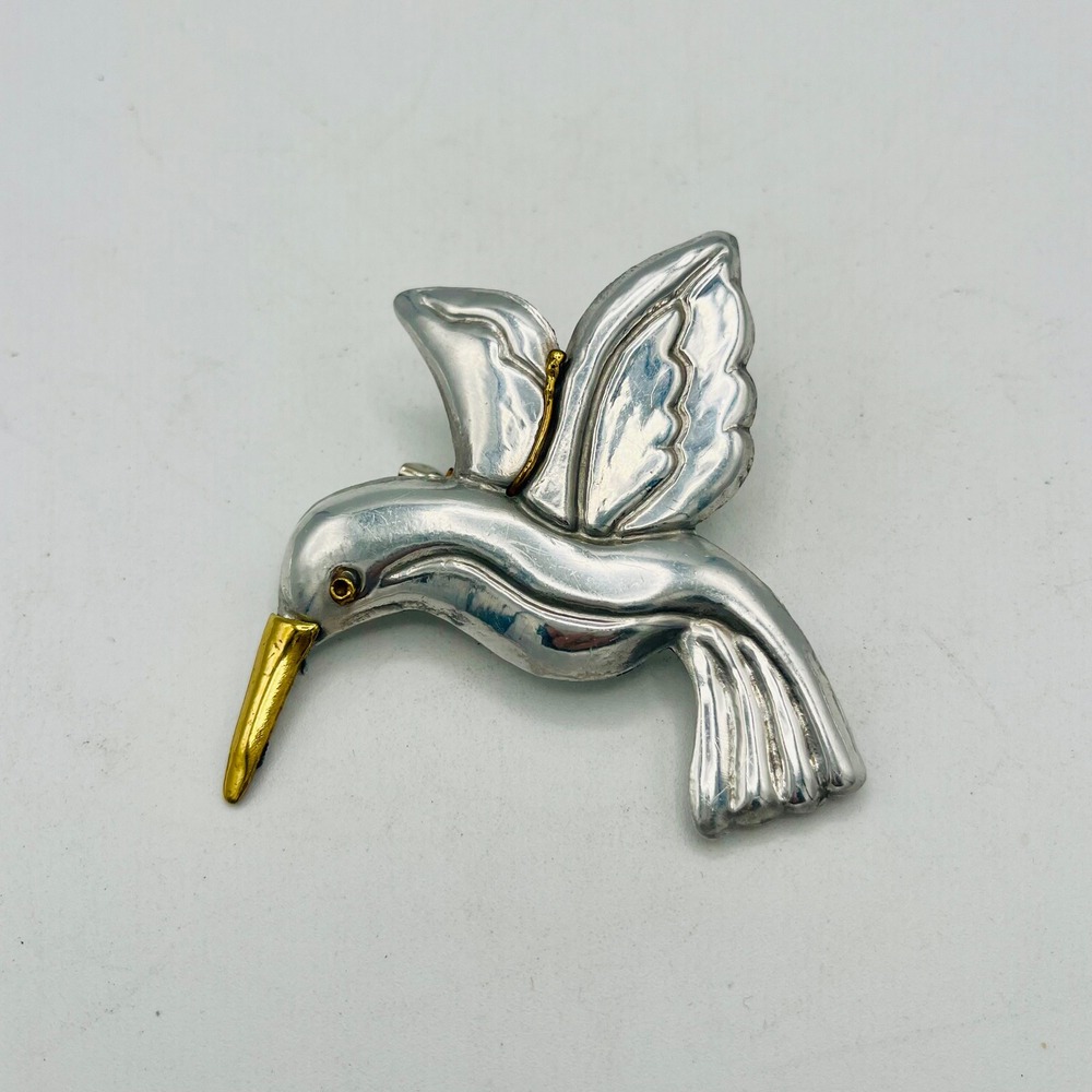 Vintage Hummingbird Brooch Pin Silver Gold Two Tone Bird Pendant